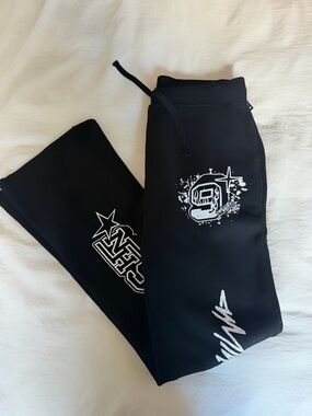 Black Graphic Men's Flared Sweatpants with White Logo Accents